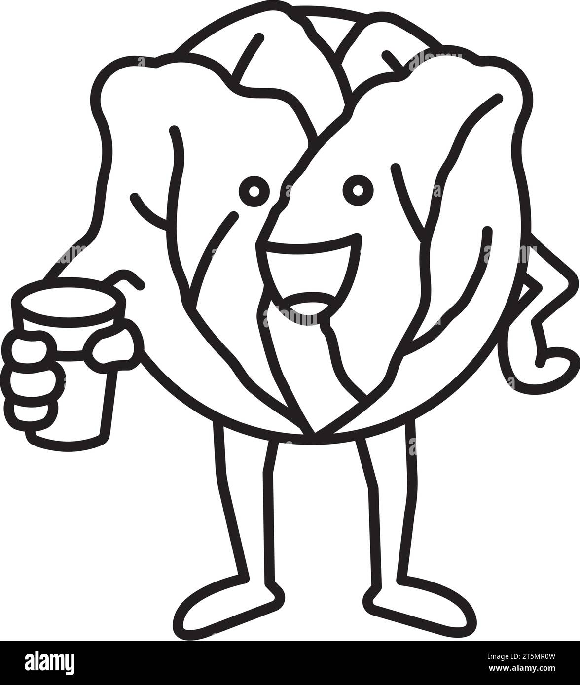 Personaggio di cavolo o Sprout Kawaii di Bruxelles con icona della linea vettoriale della bevanda a base di frullato vegetale per il Cabbage Day del 17 febbraio Illustrazione Vettoriale