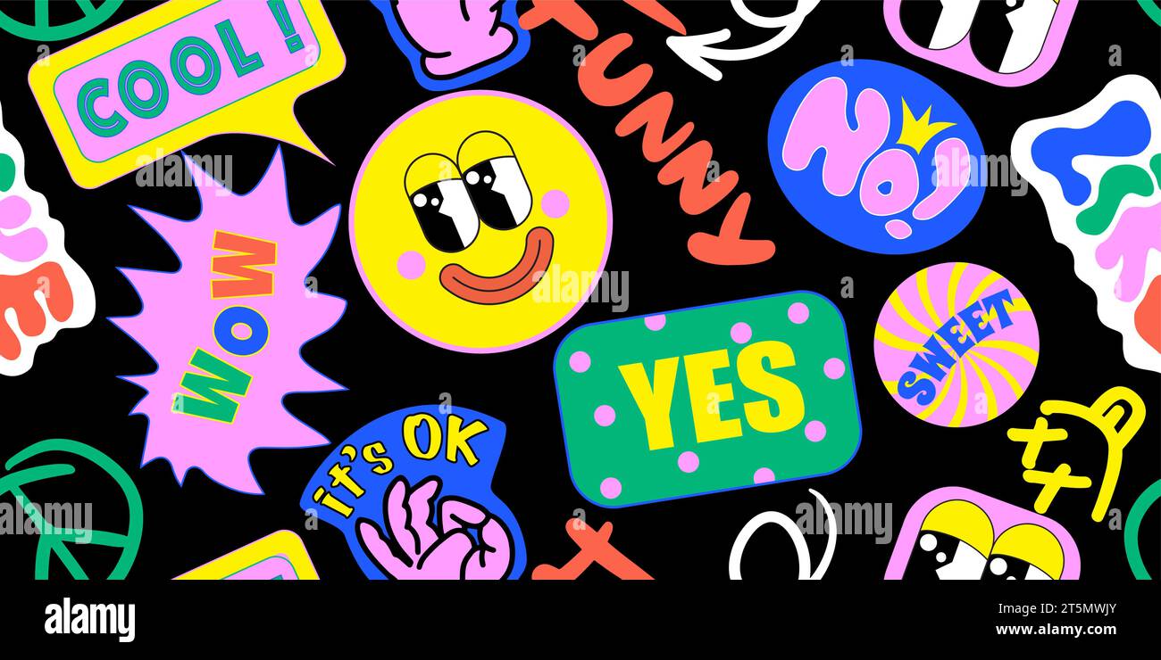 90 Cool Sticker Collage Pattern senza cuciture. Stampa al neon con patch Millennium Style. Cartoon Fun Smile Faces, Urban Typography, Y2K Style Vector Illustration. Illustrazione Vettoriale