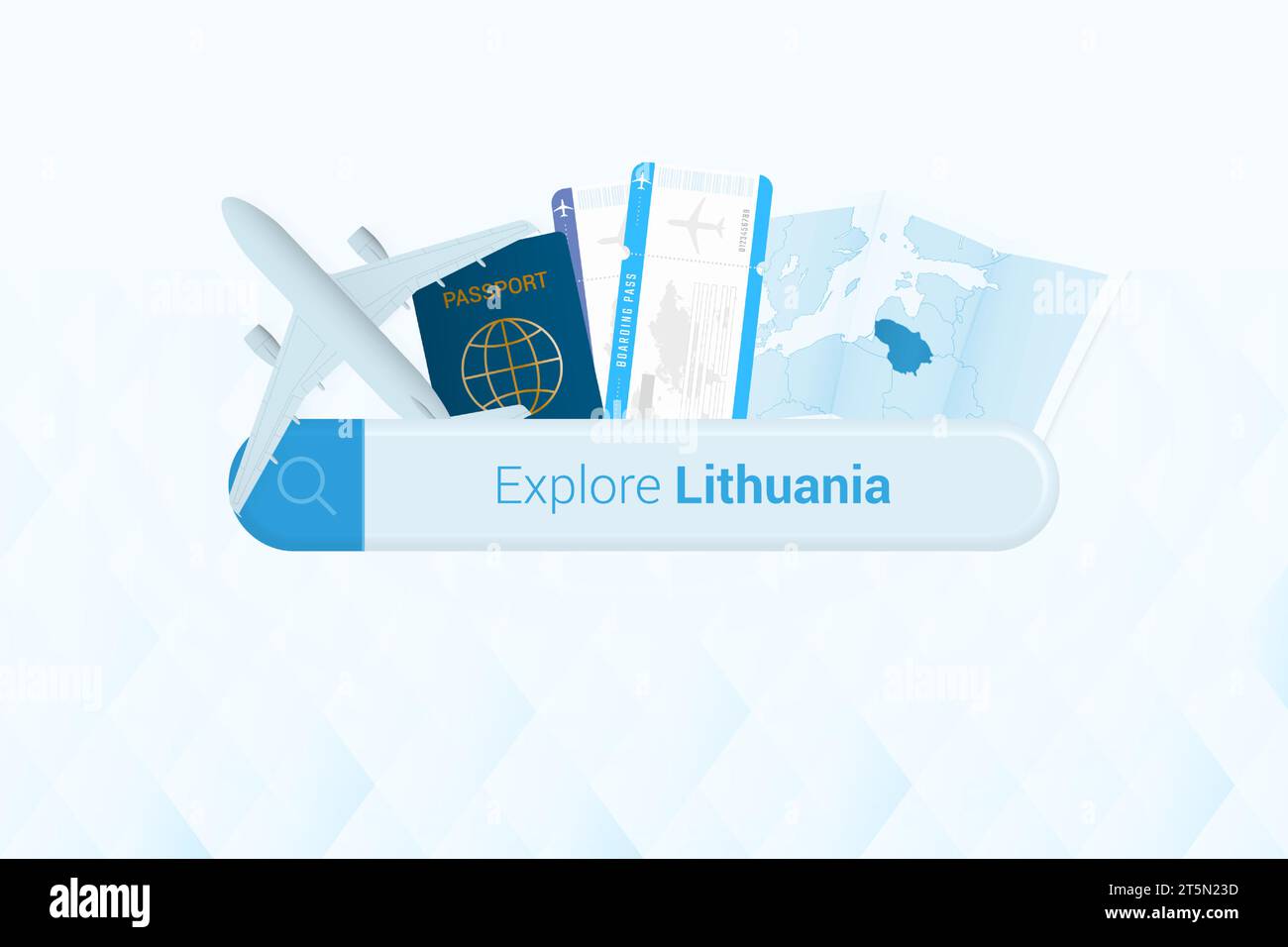 Ricerca di biglietti per la Lituania o destinazione di viaggio in Lituania. Ricerca bar con aereo, passaporto, carta d'imbarco, biglietti e mappa. Illus vettoriale Illustrazione Vettoriale