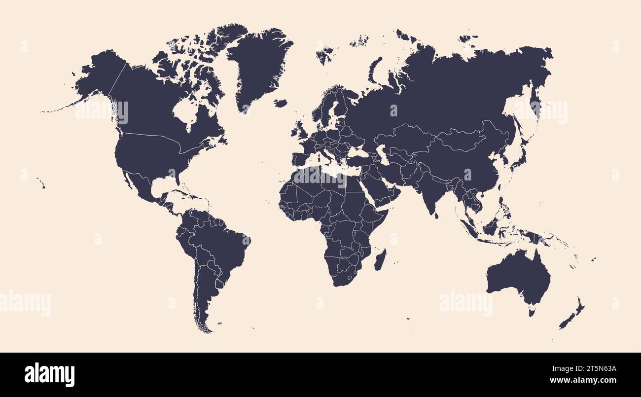 Mappa del mondo. Poster del mondo, mappa della terra con i paesi, sagome isolate di paesi su sfondo blu. Mappa del mondo dei poster disegnati a mano in bianco e grigio. Illustrazione vettoriale Illustrazione Vettoriale