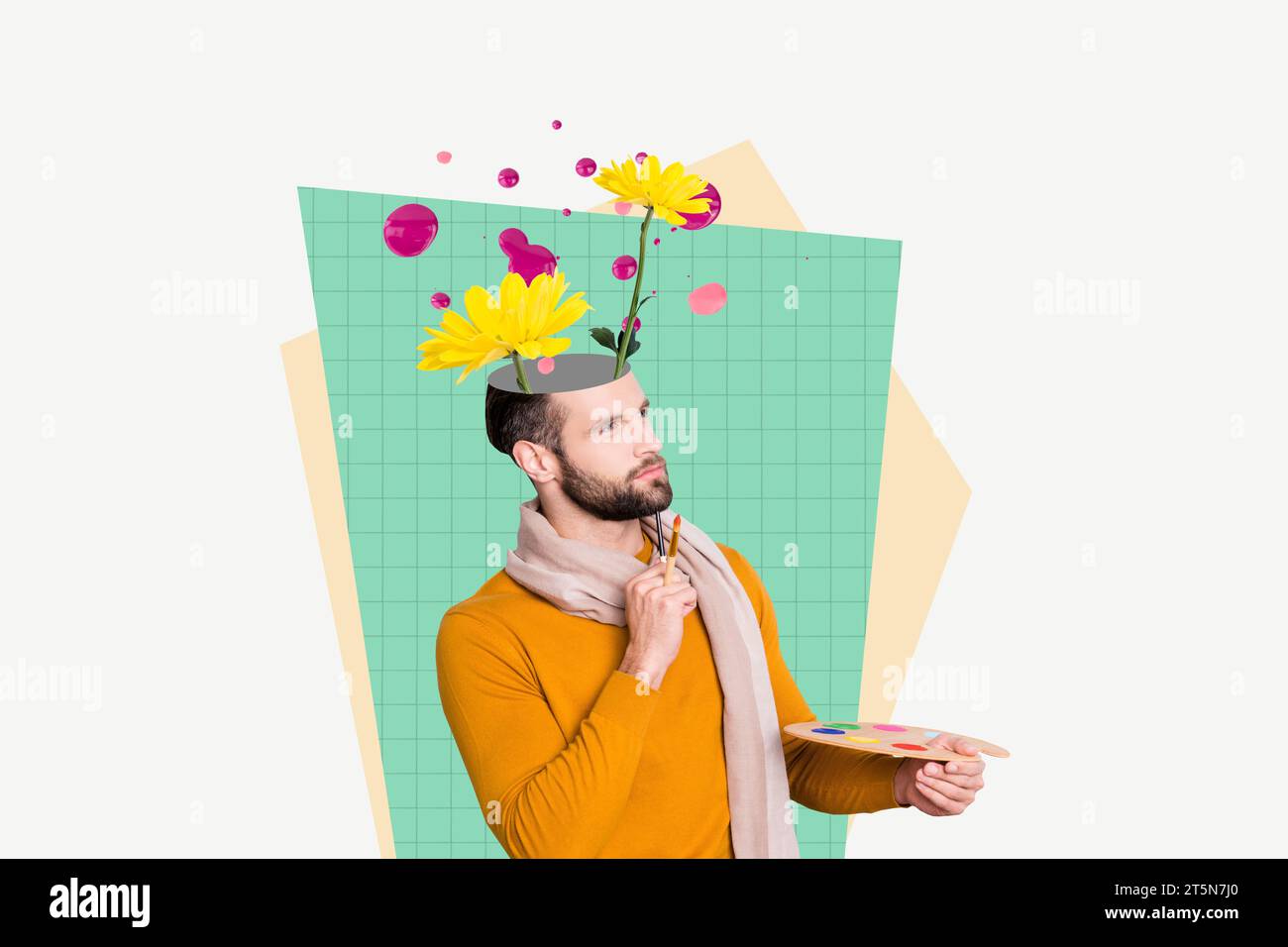 Ritratti collage di artisti pensati che tengono una tavolozza di pennelli che sembrano ispirati immaginate di disegnare fiori isolati su sfondo verde Foto Stock