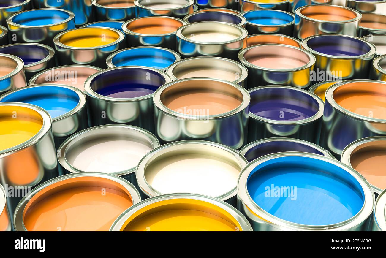gruppo di lattine riempite con vernice colorata. sfondo rendering 3d. Foto Stock