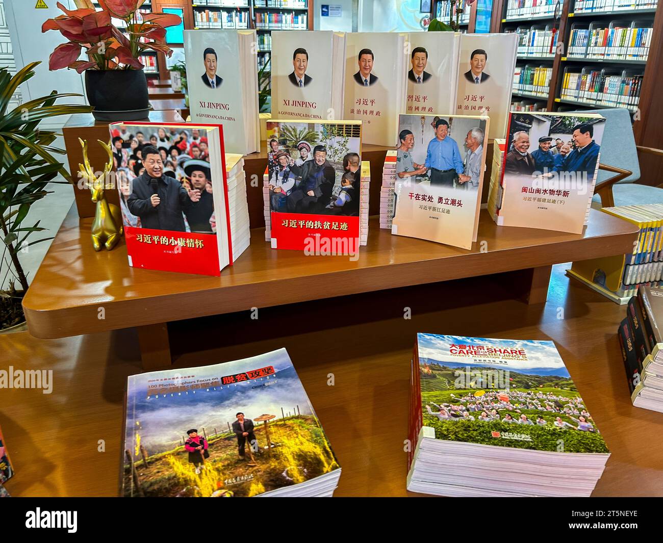 Pechino, Cina, esposizione all'interno dell'aeroporto internazionale di Pechino Daxing, libreria cinese interna, biblioteca capitale della Cina, presidente Xi JINGPING, libri "Xi Jinping's Thoughts on a well-off Society" Foto Stock