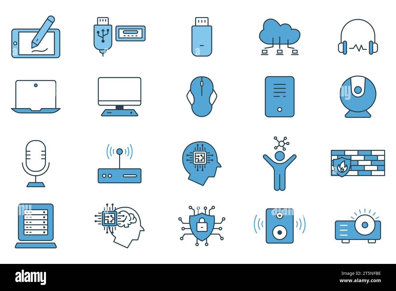 set di icone della tecnologia informatica. notebook, monitor, cloud computing, umanoide, firewall, access point, cyber security, ecc. design a icone a linea piatta. Si Illustrazione Vettoriale