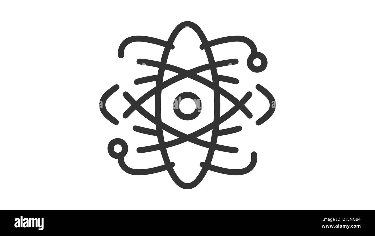 Un'icona atomica nera stilizzata con elettroni orbitanti, che mostra un nucleo centrale con semplicità scientifica su sfondo bianco. Illustrazione Vettoriale