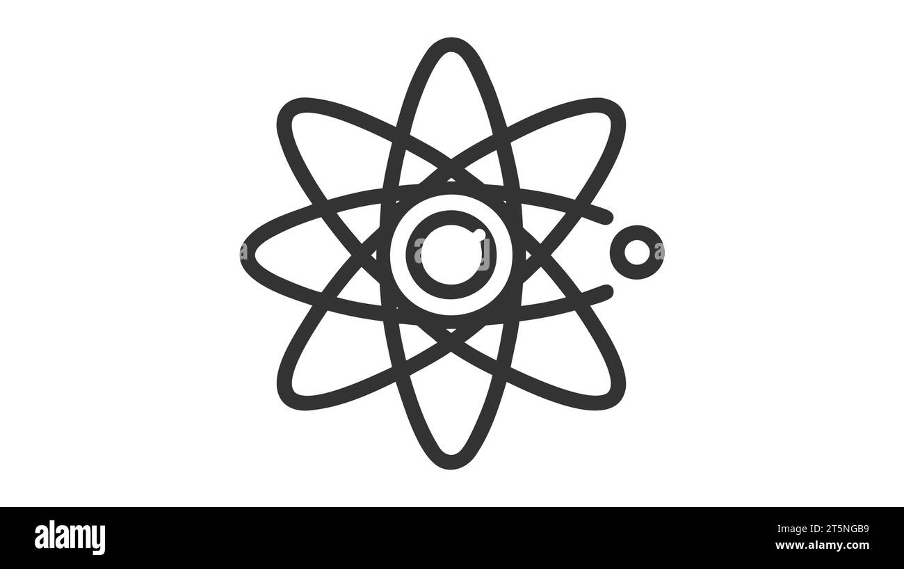 Un'icona atomica nera stilizzata con elettroni orbitanti, che mostra un nucleo centrale con semplicità scientifica su sfondo bianco. Illustrazione Vettoriale