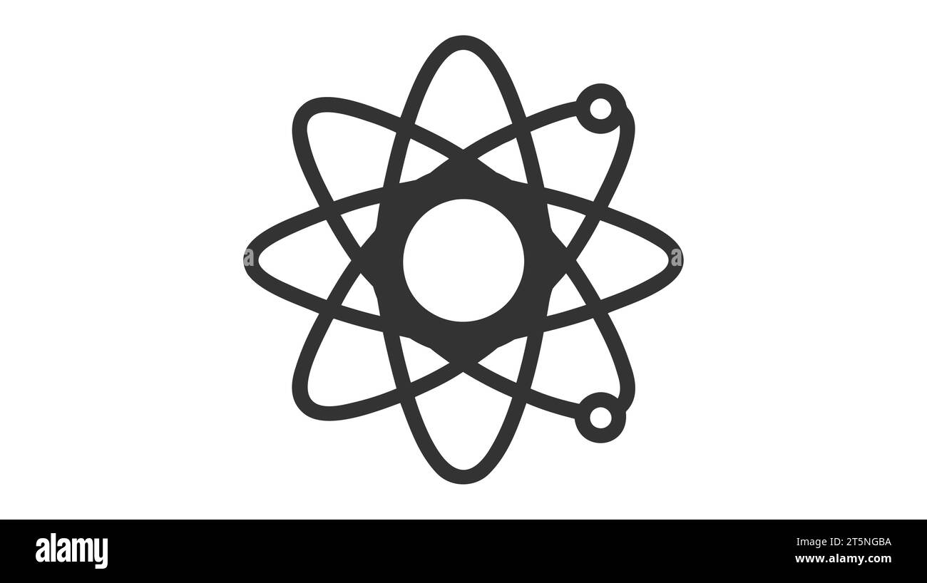 Un'icona atomica nera stilizzata con elettroni orbitanti, che mostra un nucleo centrale con semplicità scientifica su sfondo bianco. Illustrazione Vettoriale