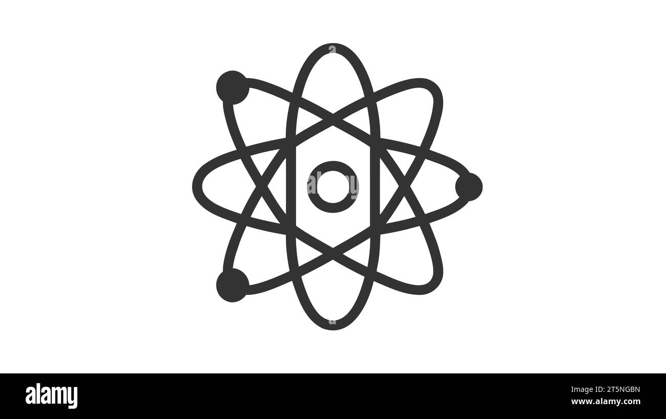 Un'icona atomica nera stilizzata con elettroni orbitanti, che mostra un nucleo centrale con semplicità scientifica su sfondo bianco. Illustrazione Vettoriale