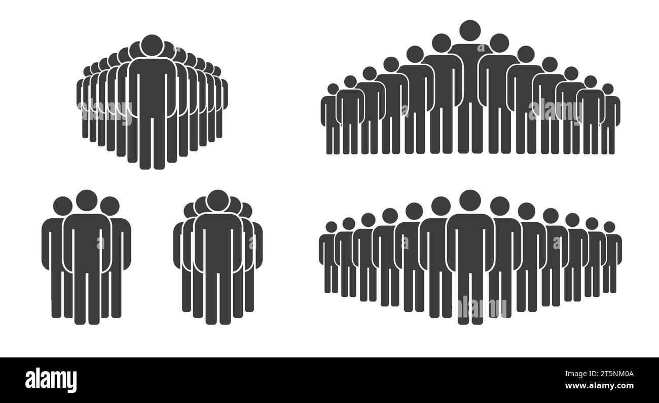 Grandi e piccoli gruppi di uomini neri solidi. Set di icone personaggi a bastone. Illustrazione vettoriale piatta isolata su sfondo bianco. Illustrazione Vettoriale