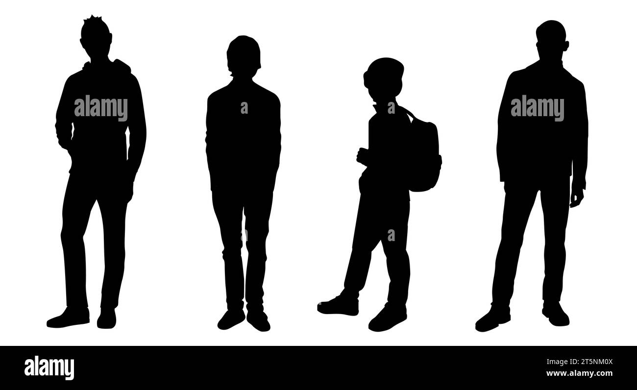 Silhouette di quattro giovani. Gruppo di persone eterogenee. Illustrazione del vettore piatto isolata sullo sfondo. Illustrazione Vettoriale Silhouette di quattro giovani. Gruppo di persone eterogenee. Illustrazione del vettore piatto isolata sullo sfondo. Illustrazione Vettoriale