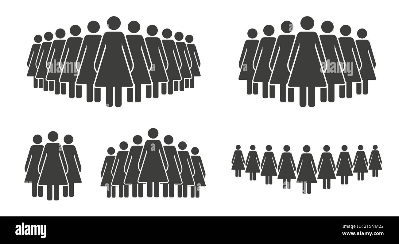 Grandi e piccoli gruppi di donne nere solide. Set di icone personaggi a bastone. Illustrazione vettoriale piatta isolata su sfondo bianco. Illustrazione Vettoriale