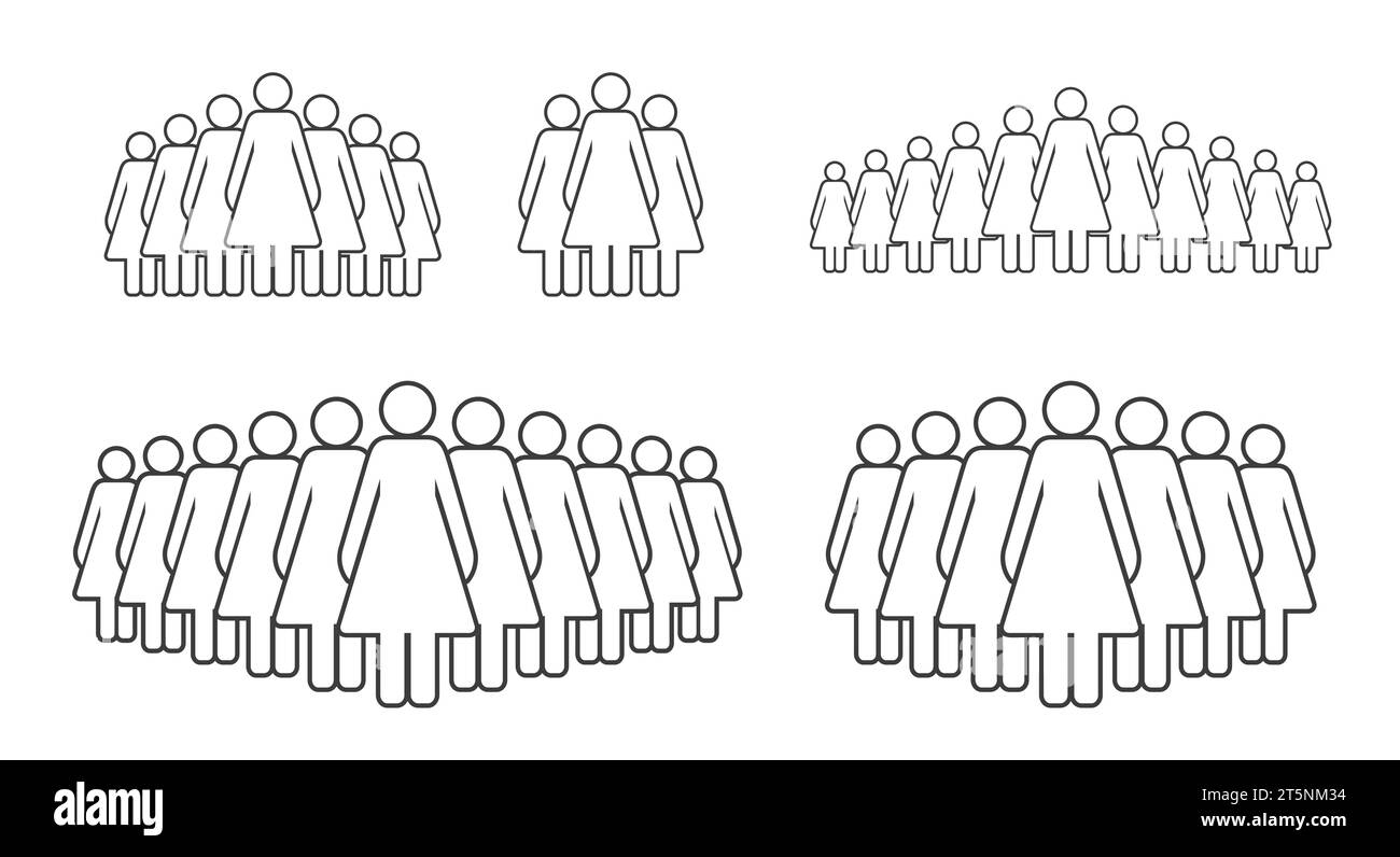 Gruppi di donne con luce piccola e grande. Set di icone personaggi a bastone. Illustrazione vettoriale piatta isolata su sfondo bianco. Illustrazione Vettoriale