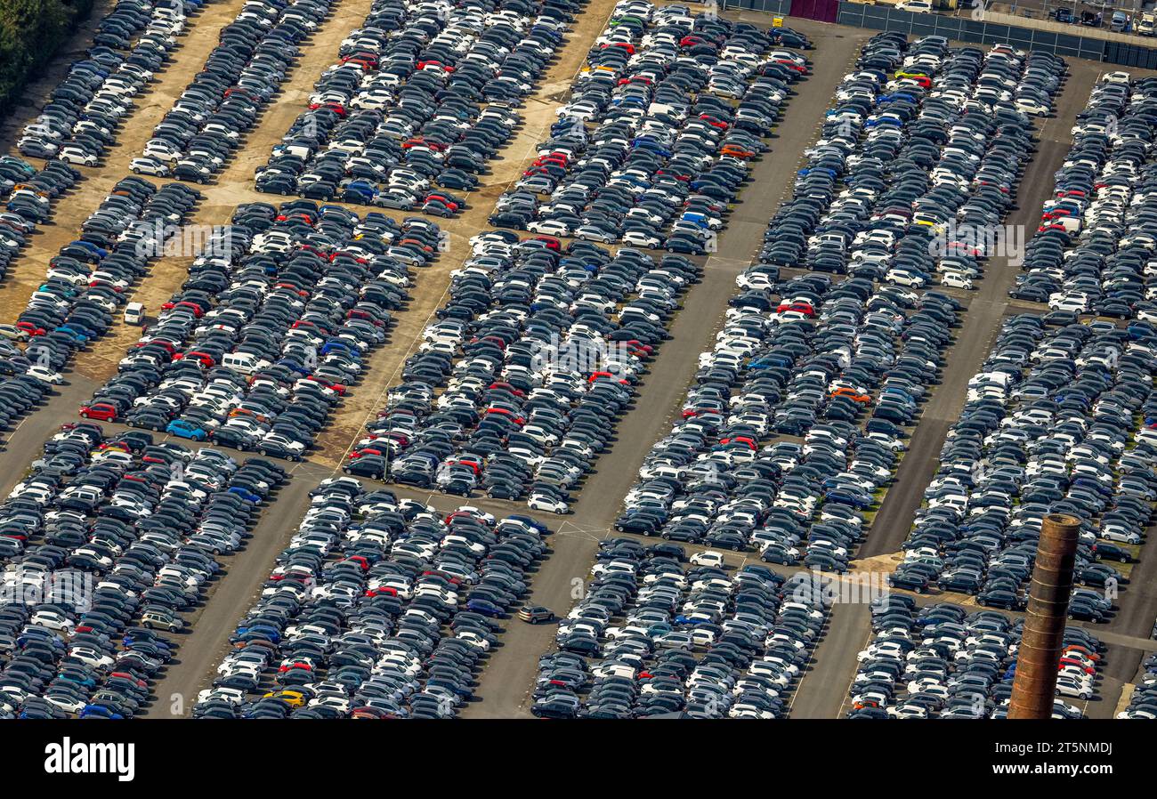 Vista aerea, servizio logistico Autokontor Bayern GmbH, deposito auto, ampio parcheggio, Lindenhorst, Dortmund, regione della Ruhr, Renania settentrionale-Vestfalia, Germa Foto Stock
