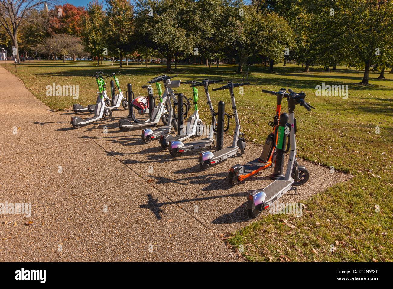 WASHINGTON, DC, USA - scooter elettrici parcheggiati. Foto Stock