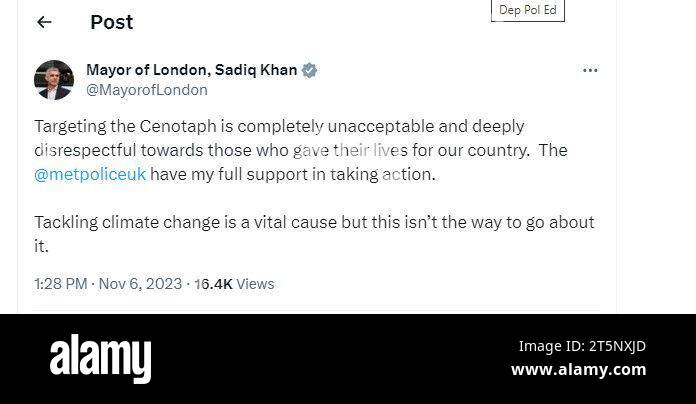 Cattura dello schermo presa dall'account X (formalmente Twitter) di @MayorofLondon di un post che è stato successivamente eliminato. Data immagine: Lunedì 6 novembre 2023. Foto Stock