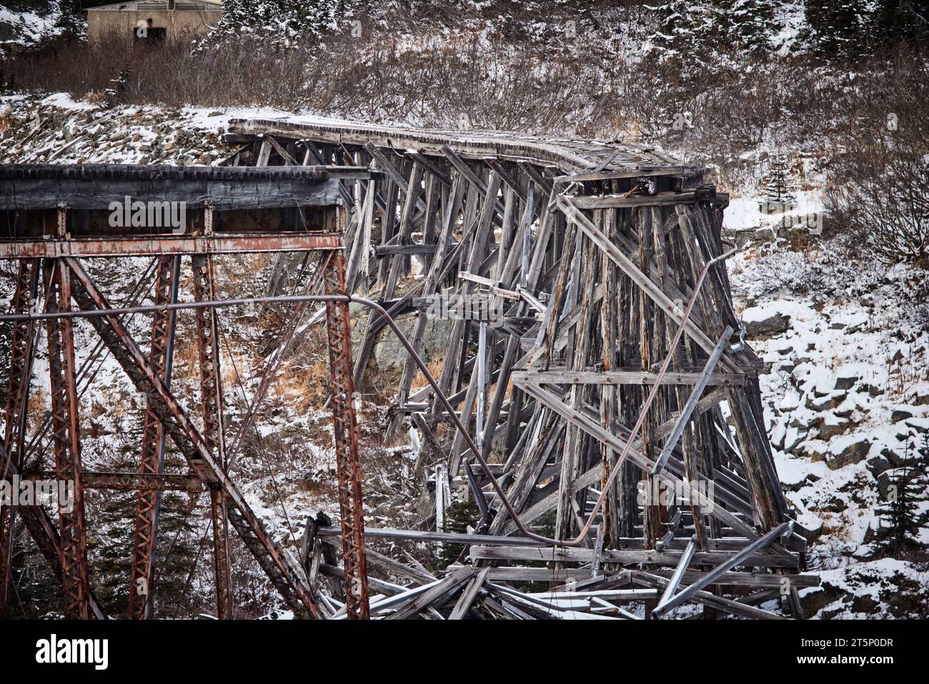 Skagway Alaska, ponte derelict sul White Pass e la ferrovia Yukon Route (WP&Y, WP&YR) Foto Stock