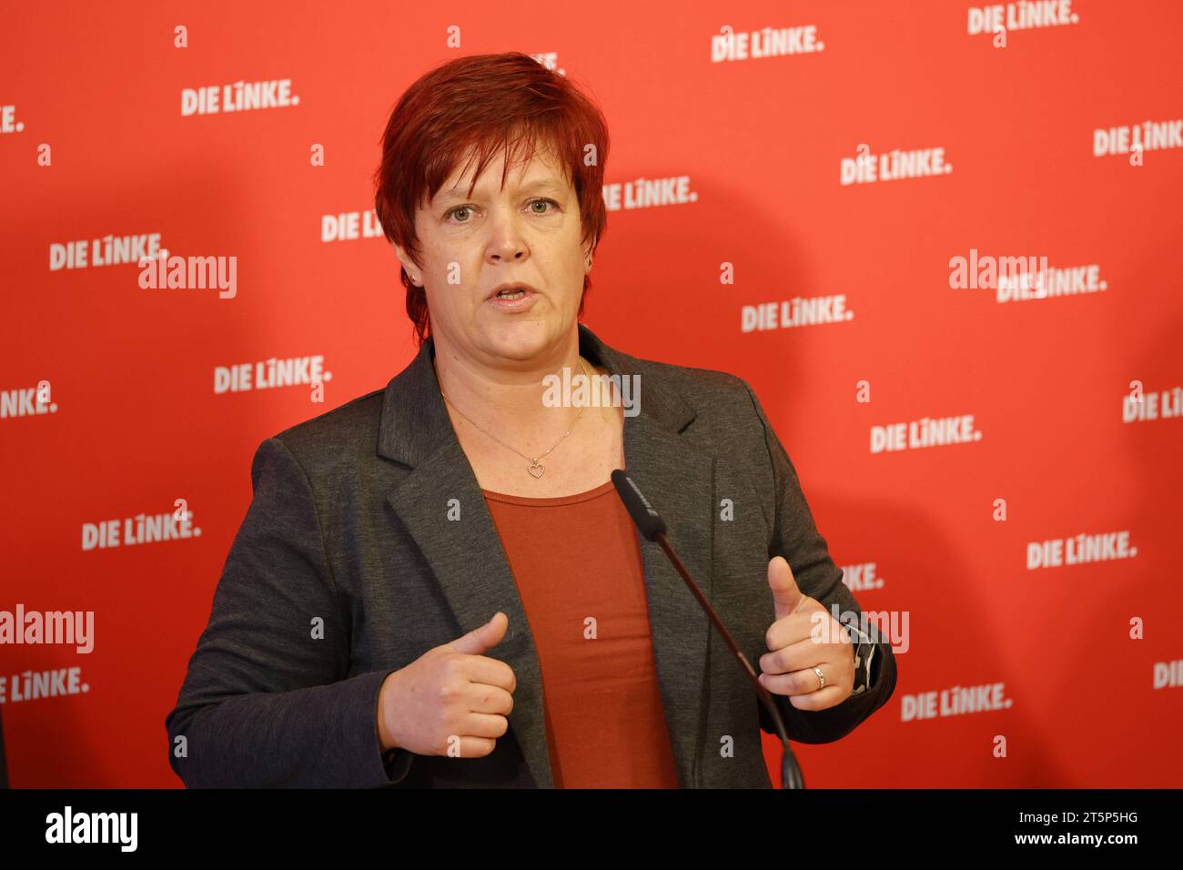 Susanne Ferschl, arbeitspolitischen Sprecherin der Fraktion DIE LINKE im Bundestag, Deutschland, Berlino, DIE LINKE, Pressekonferenz zu aktuellen politischen Themen *** Susanne Ferschl, portavoce della politica del lavoro per il gruppo parlamentare DIE LINKE nel Bundestag, Germania, Berlino, DIE LINKE, conferenza stampa sulle questioni politiche attuali credito: Imago/Alamy Live News Foto Stock