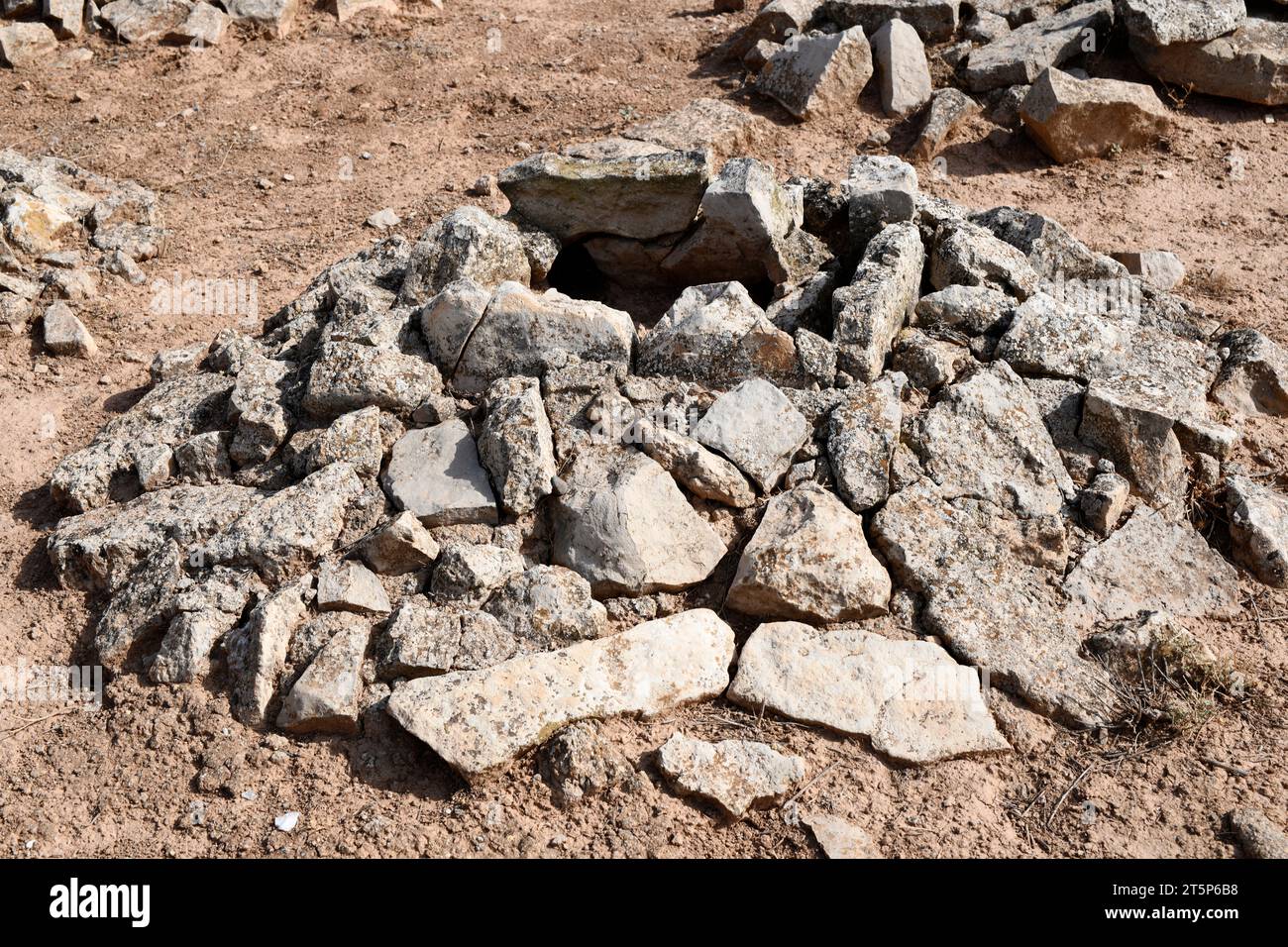 Azaila, coltura dei campi di urnfield (necropoli). In fondo al Poblado Ibero del Cabezo de Alcala (Monumento Historico-Artistico). Tumulo di sepoltura iberico. Bajo Marti Foto Stock