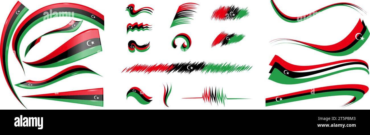 Elementi di impostazione bandiera Libia, illustrazione vettoriale su sfondo bianco Illustrazione Vettoriale