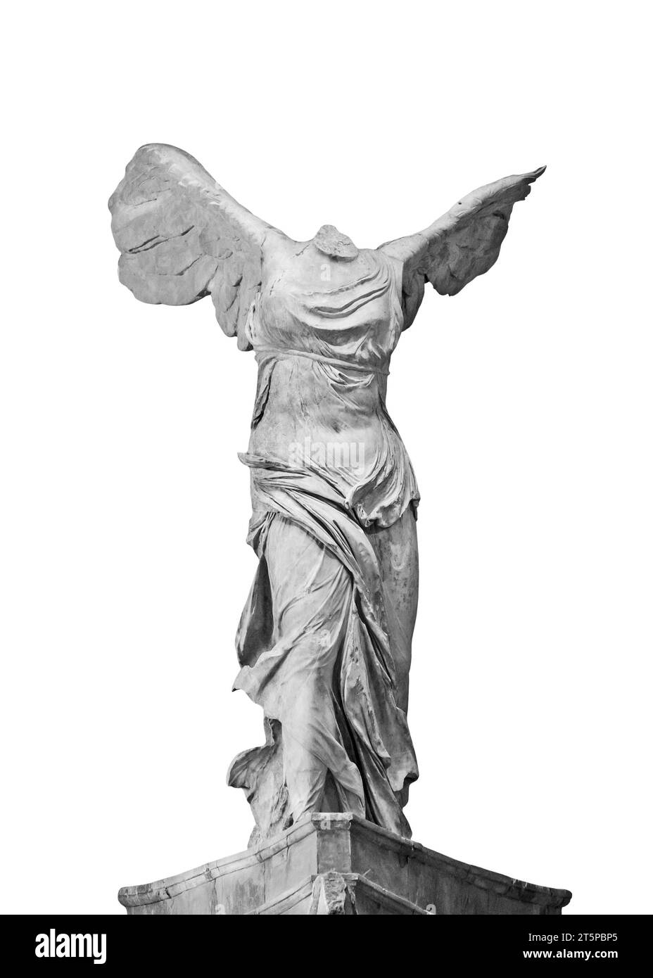 Isolata la Vittoria alata di Samotracia, una famosa statua greca dell'epoca ellenistica che rappresenta la dea Nike, in bianco e nero Foto Stock