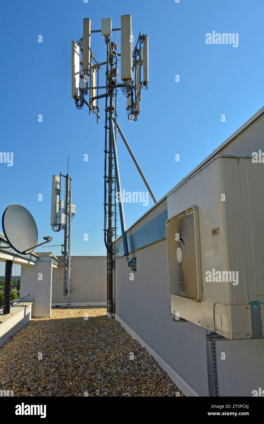 Antenne cellulari 4G e 5G sul tetto piatto di un alto edificio in Croazia. Inoltre, una parabola TV satellitare e, sulla destra, un inverter digitale Foto Stock