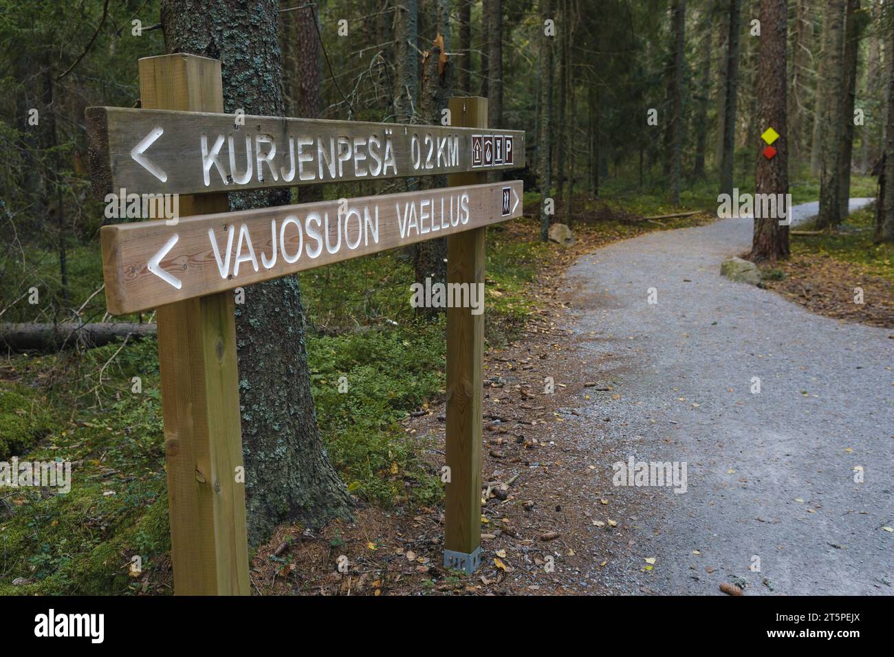 Indicazione direzionale accanto al sentiero escursionistico in ghiaia accessibile al Parco nazionale Kurjenrahka, Pöytyä, Finlandia. 16 settembre 2023. Foto Stock