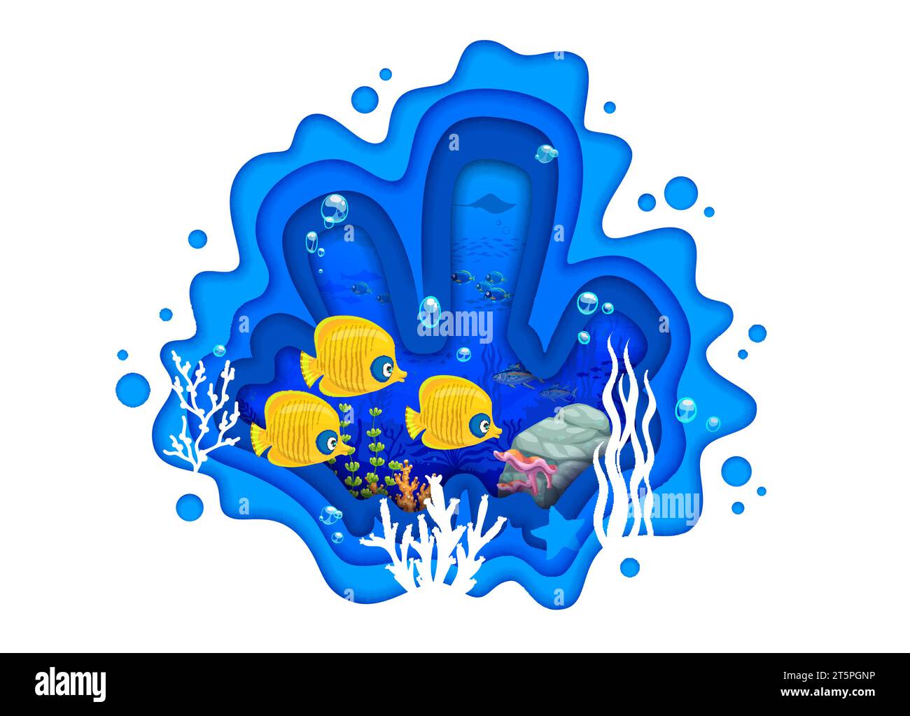 Cartoni animati di carta marina tropicale tagliata in paesaggi sottomarini e pesci di secca nelle alghe marine. la carta grafica vettoriale 3d crea un'esperienza visiva coinvolgente che trasporta lo spettatore in un incantevole mondo di vita acquatica Illustrazione Vettoriale