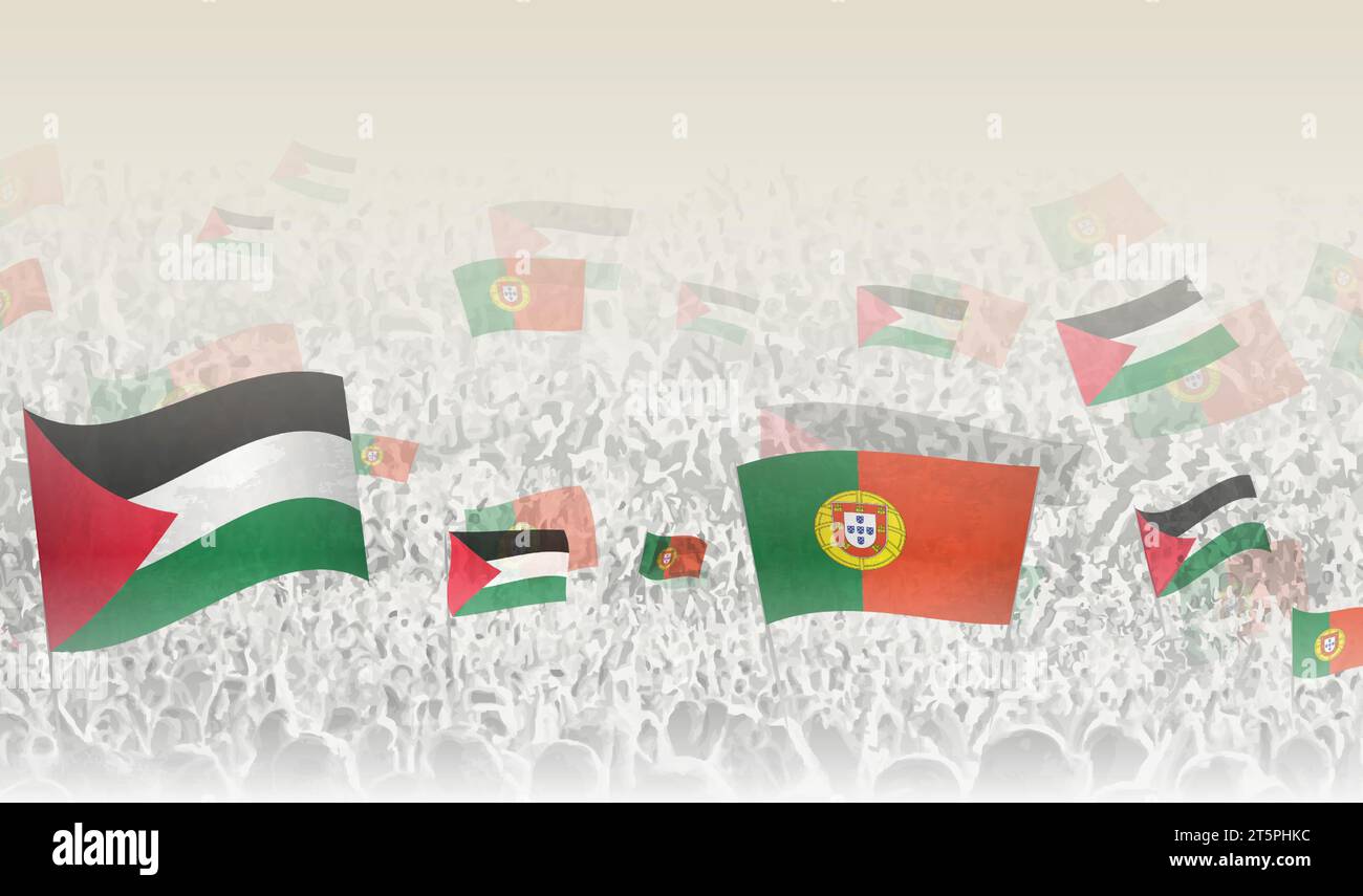 La Palestina e il Portogallo bandierano in una folla di tifosi. Folla di persone con bandiere. Illustrazione vettoriale. Illustrazione Vettoriale