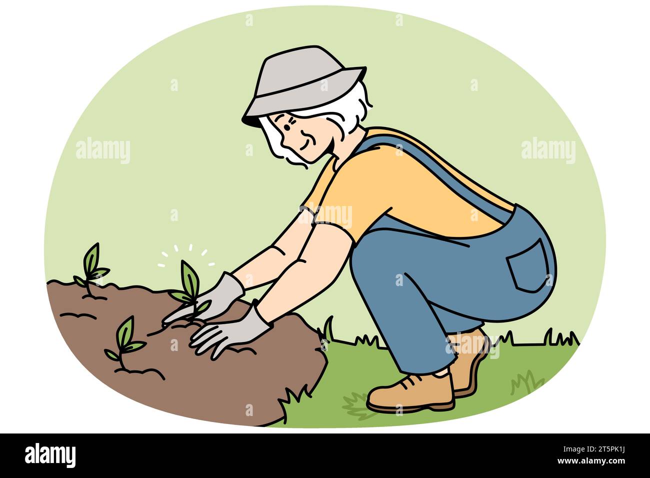 Donna anziana sorridente pianta giovani pianta in terra. Felice ragazza giardiniere maturo impegnato in orticoltura all'aperto. Giardinaggio e hobby. Illustrazione vettoriale. Illustrazione Vettoriale