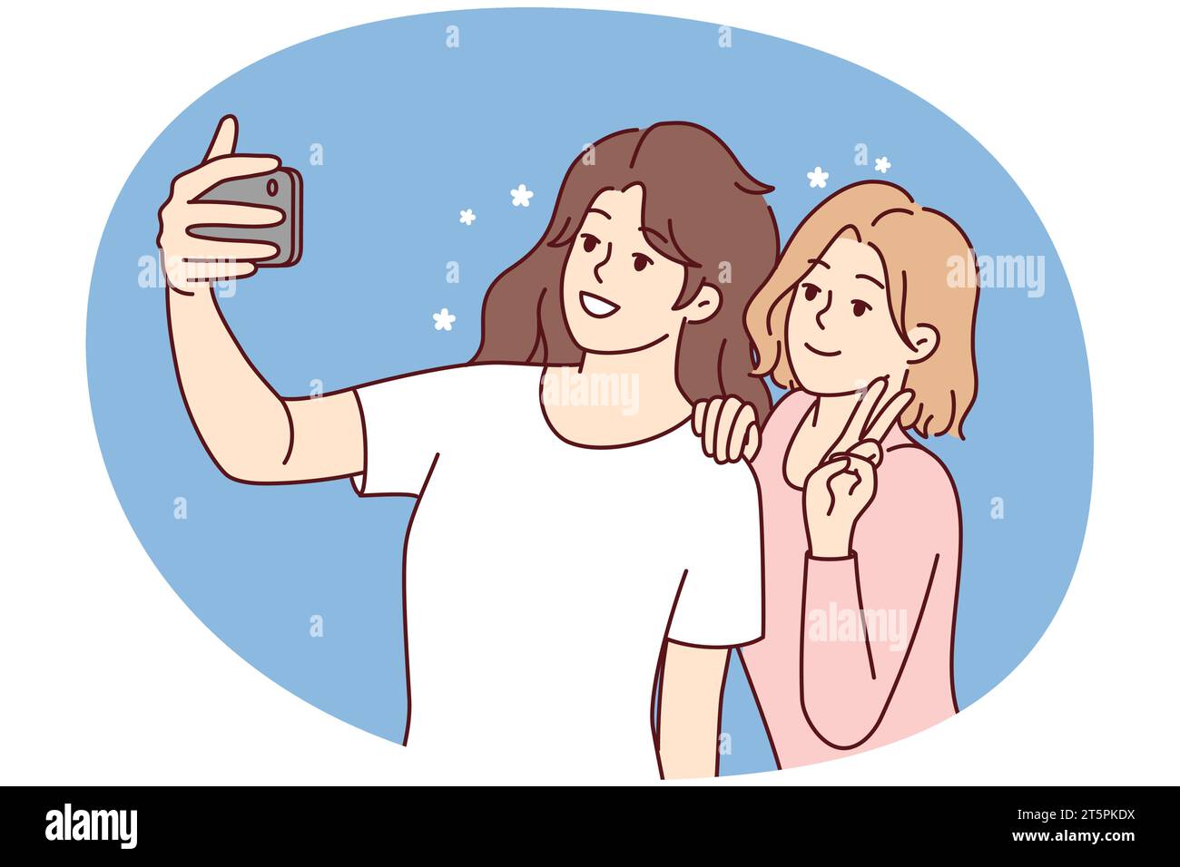 Ragazze sorridenti che fanno selfie sullo smartphone insieme. Le donne felici si divertono a scattare foto autoritratto su una moderna fotocamera del cellulare. Illustrazione vettoriale. Illustrazione Vettoriale
