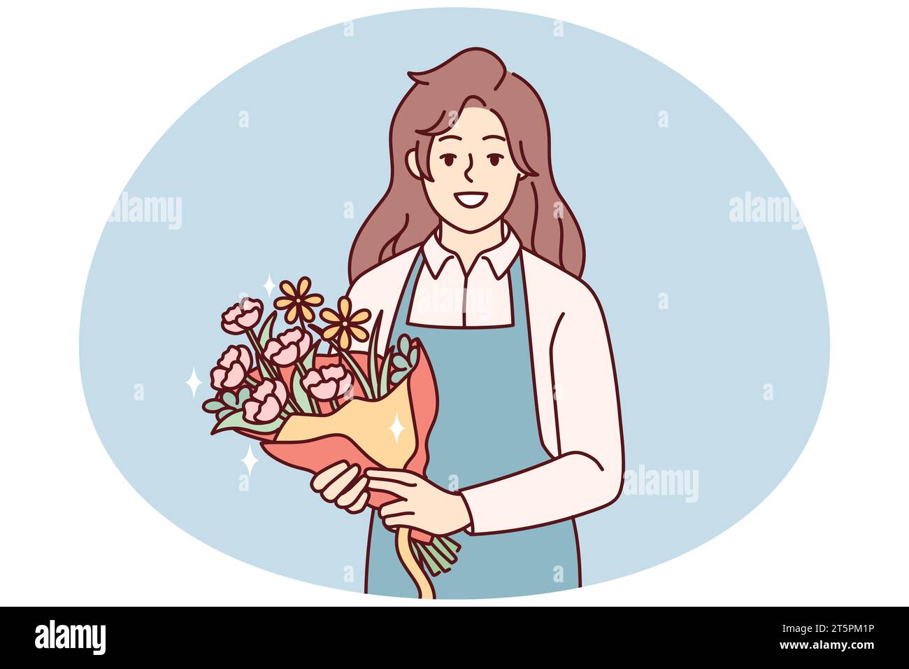 Ritratto di fiorista femminile sorridente in grembiule con bel bouquet floreale. Donna felice con fiori in mano che lavora in negozio botanico. Illustrazione vettoriale. Illustrazione Vettoriale