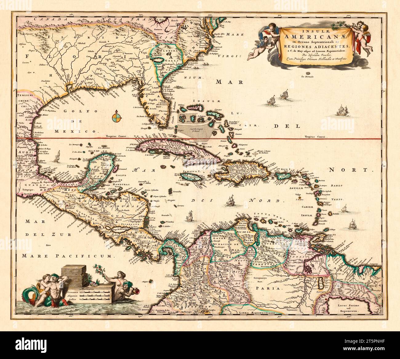 Vecchia mappa del Golfo del Messico e delle isole dei Caraibi. Di Visccher, publ. nel 1692 Foto Stock