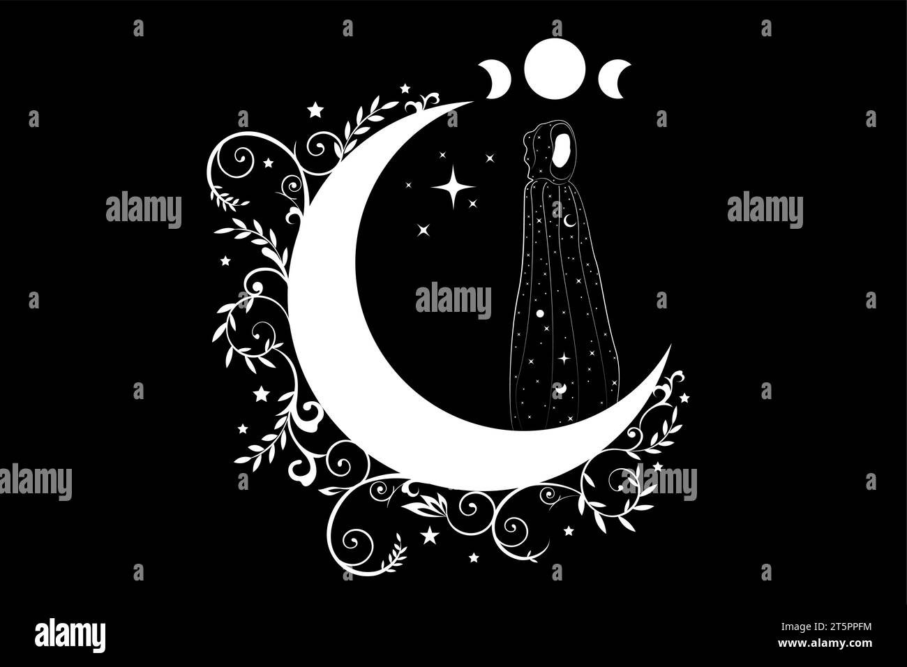 Sacerdotessa mistica con un lungo abito nero sulla luna a mezzaluna bianca. Triplice dea, magica donna wiccan, concetto di magia esoterica sacra femminile Illustrazione Vettoriale
