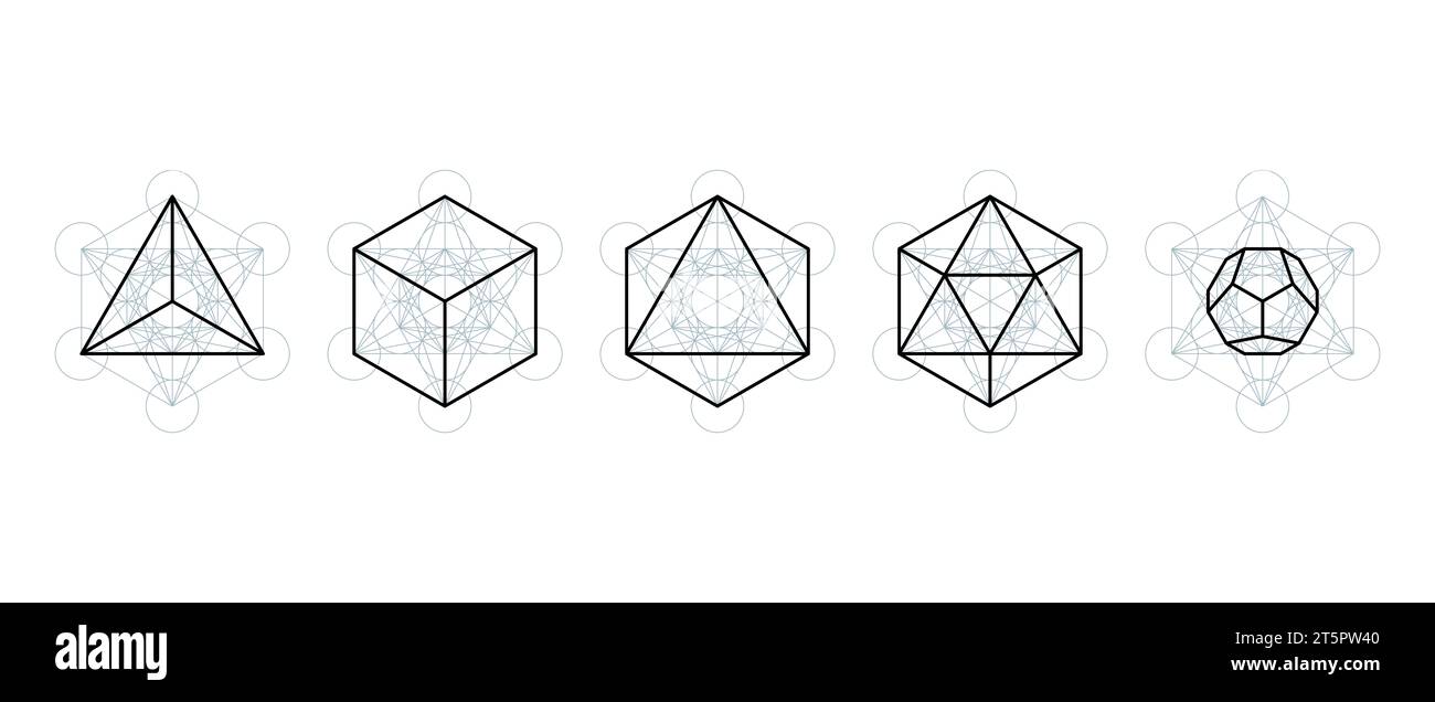 Solidi platonici estratti dal cubo di Metatron. Poliedri regolari contenuti in un simbolo mistico, che deriva dal Fiore della vita. Foto Stock