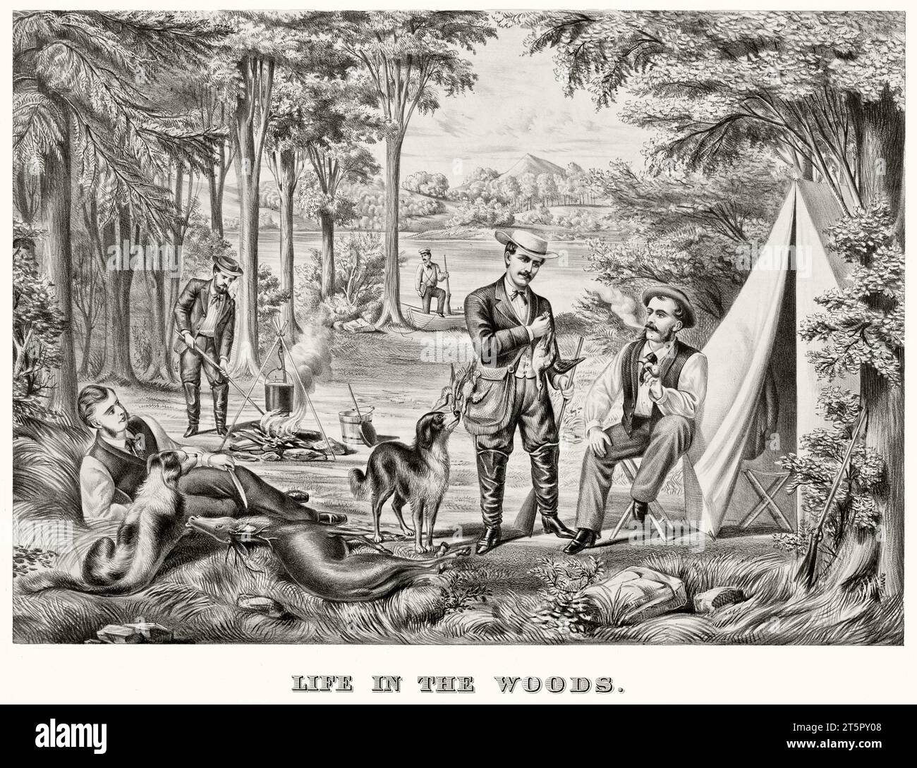 Vecchia illustrazione di uomini che si accamparono nel bosco. Da autore non identificato, publ. ca 1870 Foto Stock