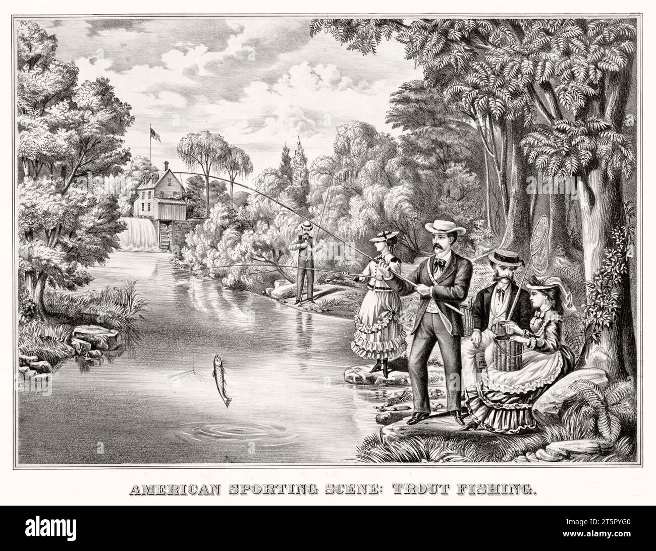 Vecchia illustrazione che mostra la pesca alla trota. Da autore non identificato, publ. A New York, CA 1870 Foto Stock