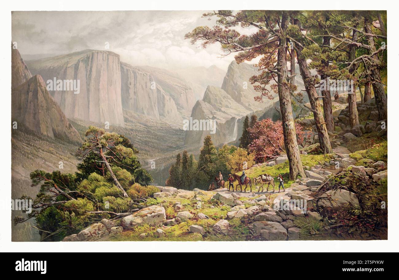 Vecchia vista della valle di Yosemite, California. Di melrose, publ. A Londra, CA 1887 Foto Stock