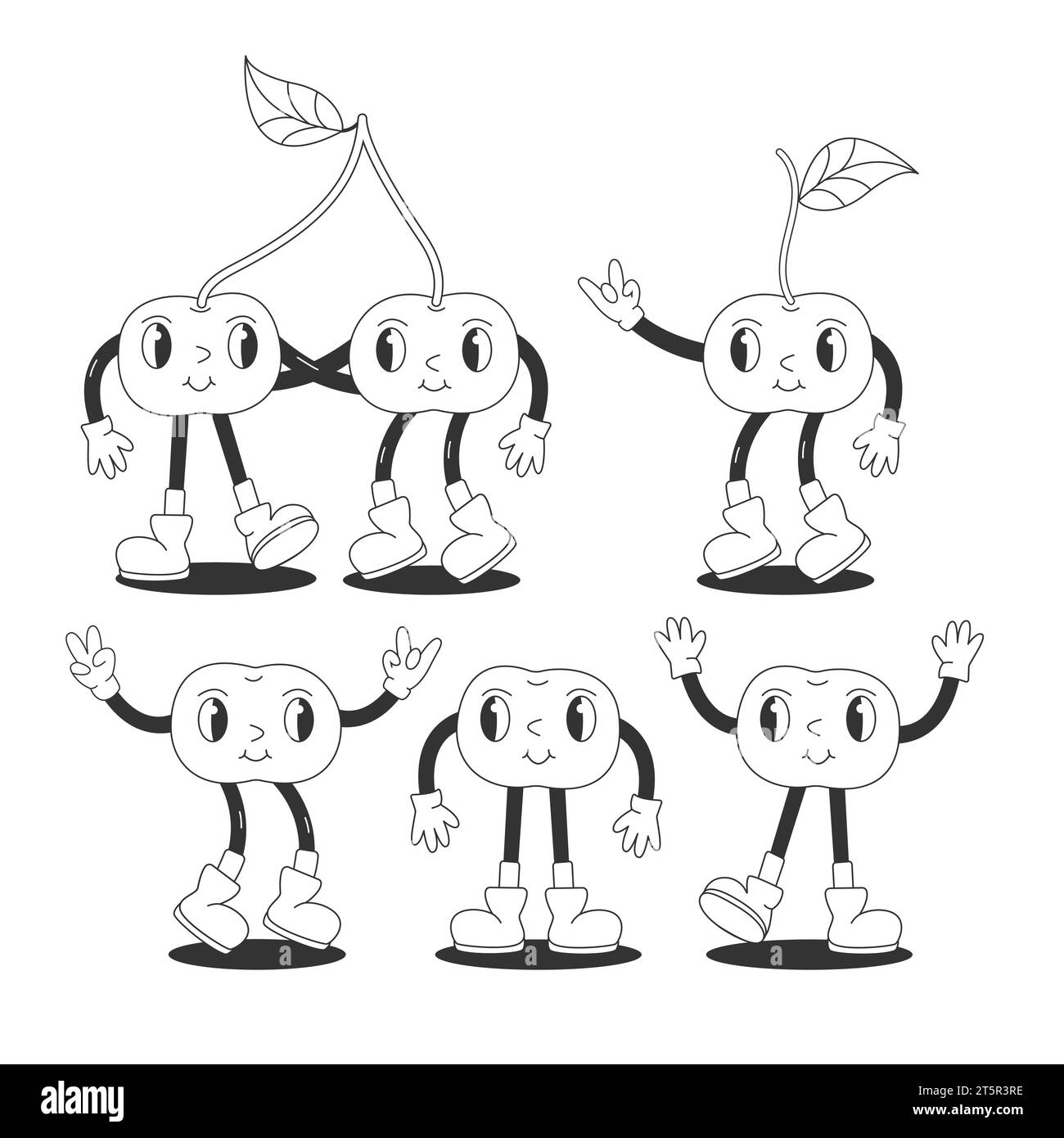 Pagina da colorare con il divertente personaggio rospo di cartoni animati Hippie Berry. Set di ciliegie comiche. Illustrazione vettoriale estiva di Groovy. Sweet Juicy Fresh degli anni '90 Illustrazione Vettoriale