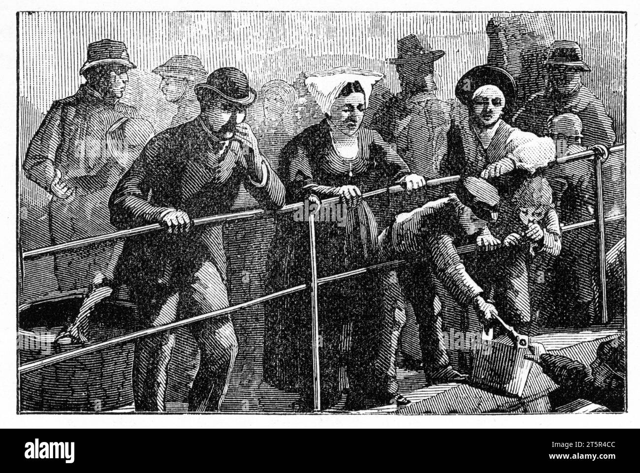 Incisione di migranti europei allineati alla ringhiera della nave mentre lascia il porto, intorno al 1880 Foto Stock