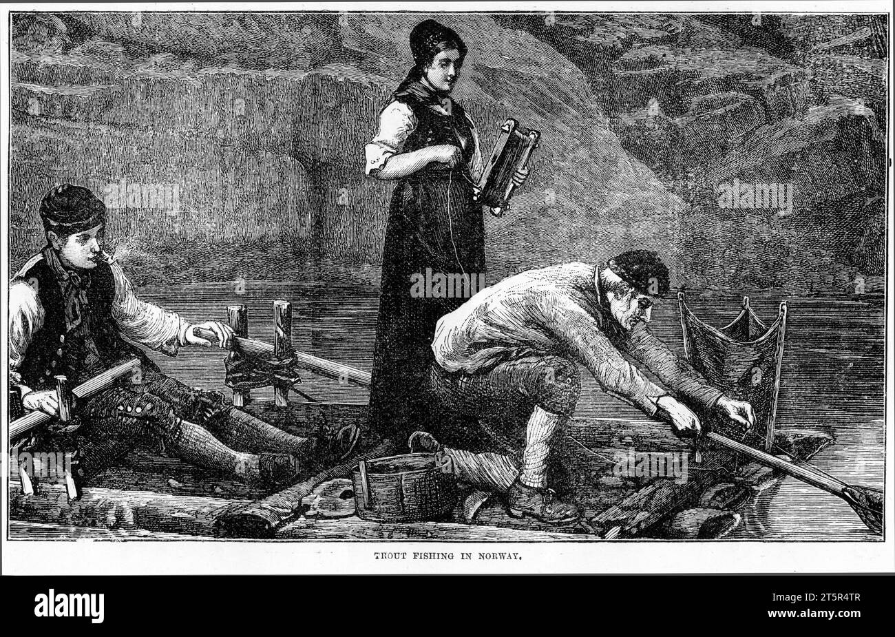 Incisione della pesca alla trota in Norvegia, intorno al 1880 Foto Stock