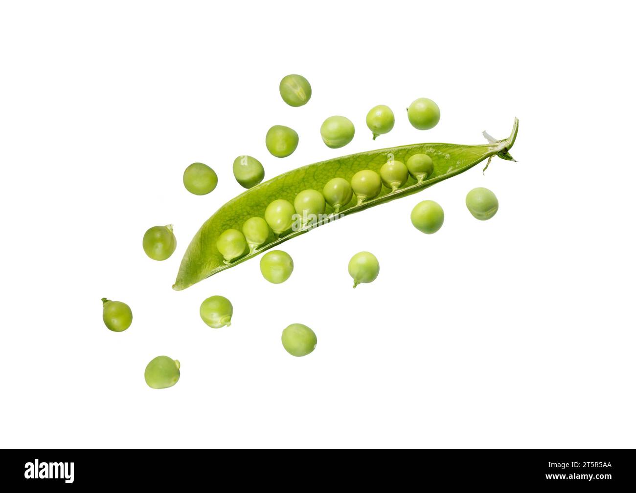 Pisello verde fresco con semi isolati su sfondo bianco. Foto Stock