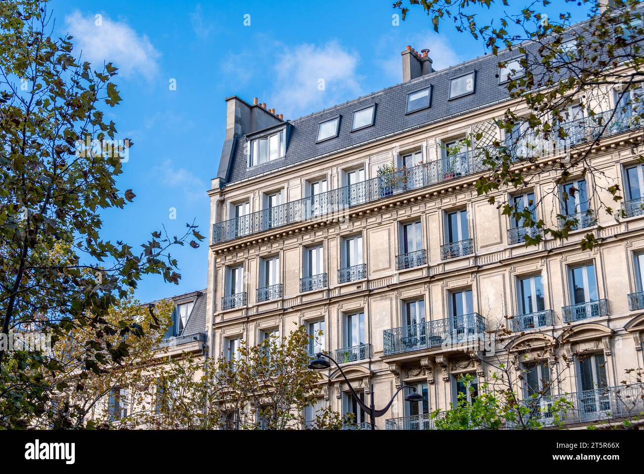 Facciata di un edificio residenziale in stile classico a Parigi situato su un viale alberato. Concetto di mercato immobiliare residenziale per vecchie abitazioni Foto Stock
