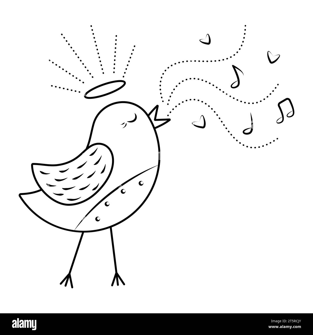 Canto in bianco e nero nightingale, magica illustrazione vettoriale monocromatica di un uccello angelo Illustrazione Vettoriale