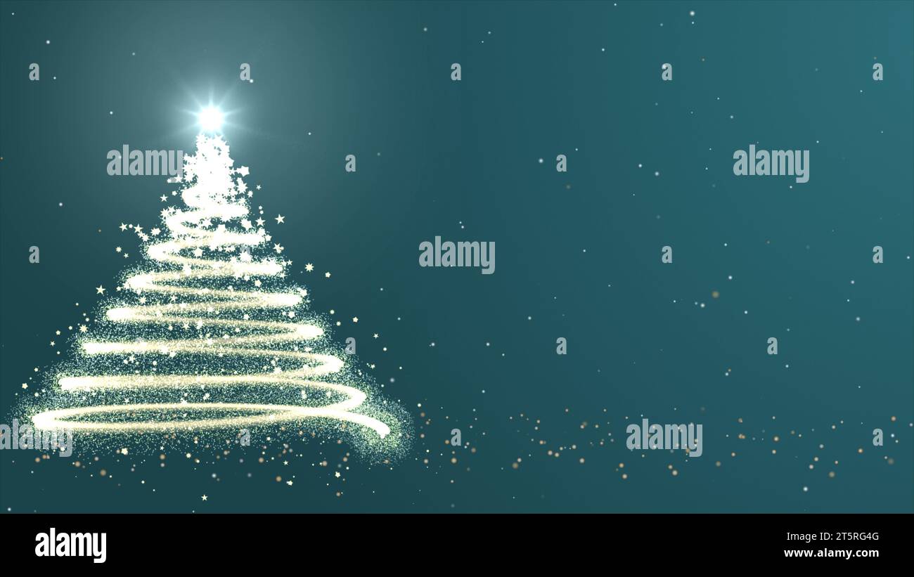 Albero di Natale, particelle d'oro, stella luminosa, nevicate, spazio copia. Biglietto d'auguri di Natale su sfondo scuro e innevato. Foto Stock