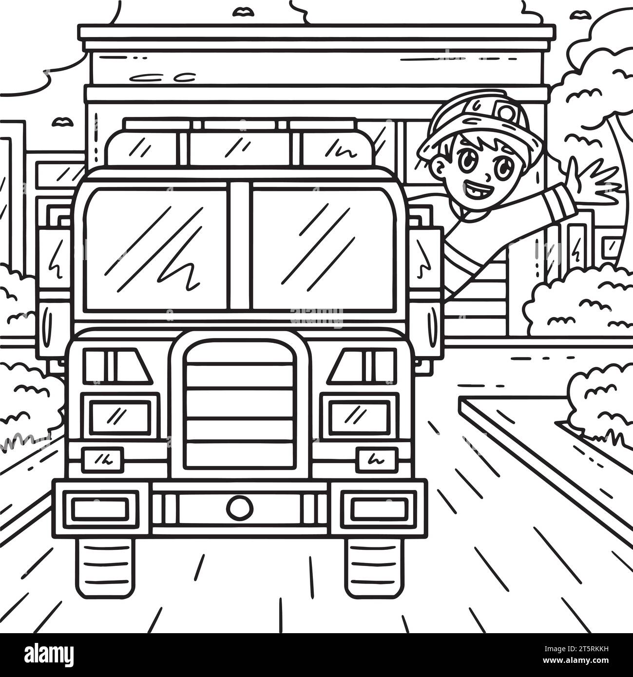 Pompiere che saluta dalla pagina Fire Truck Coloring Illustrazione Vettoriale