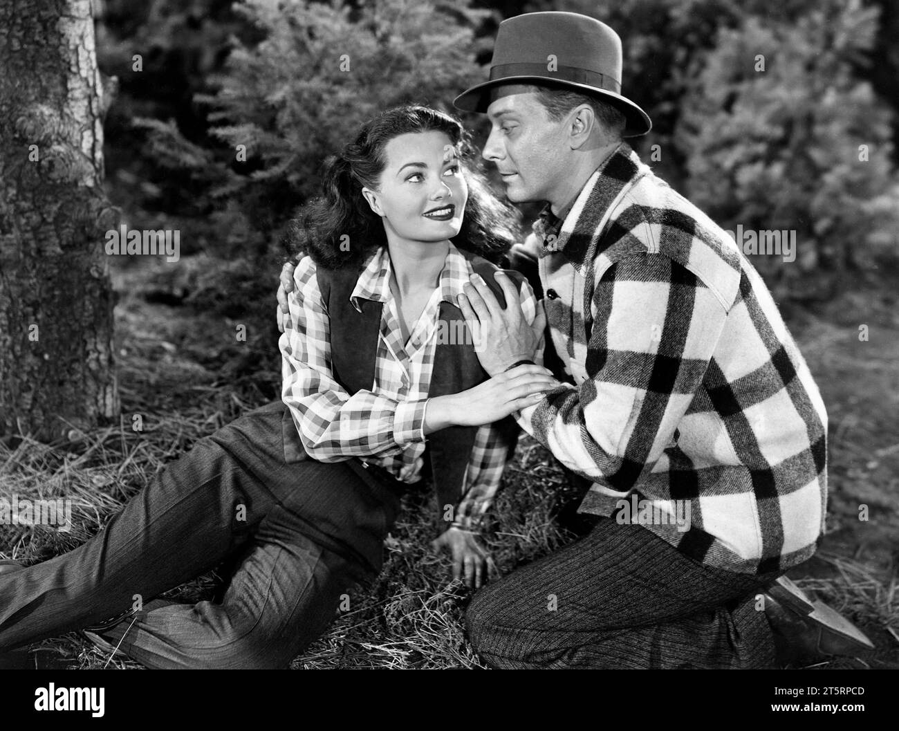 Laura Lee, David Bruce, sul set del film "Timber Fury", Eagle-Lion Classics, 1950 Foto Stock