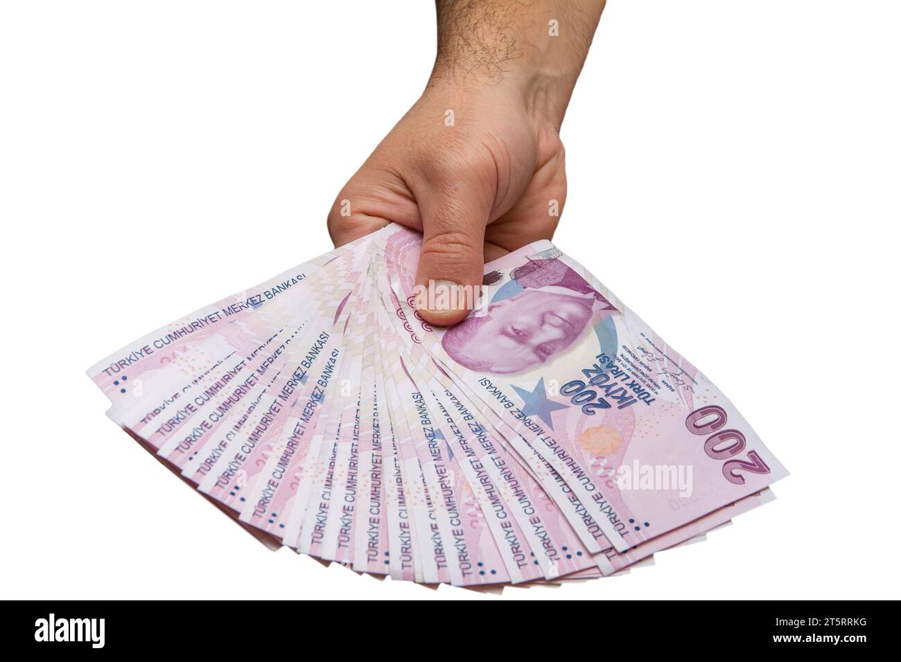Una mano non riconoscibile mostra 200 lire turche dall'alto dello schermo Foto Stock