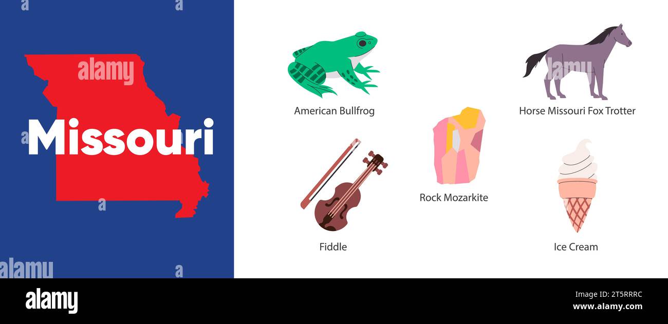 stati del Missouri con icona simbolo di American bullfrog Fox trotter fiddle mozarkite illustrazione Illustrazione Vettoriale