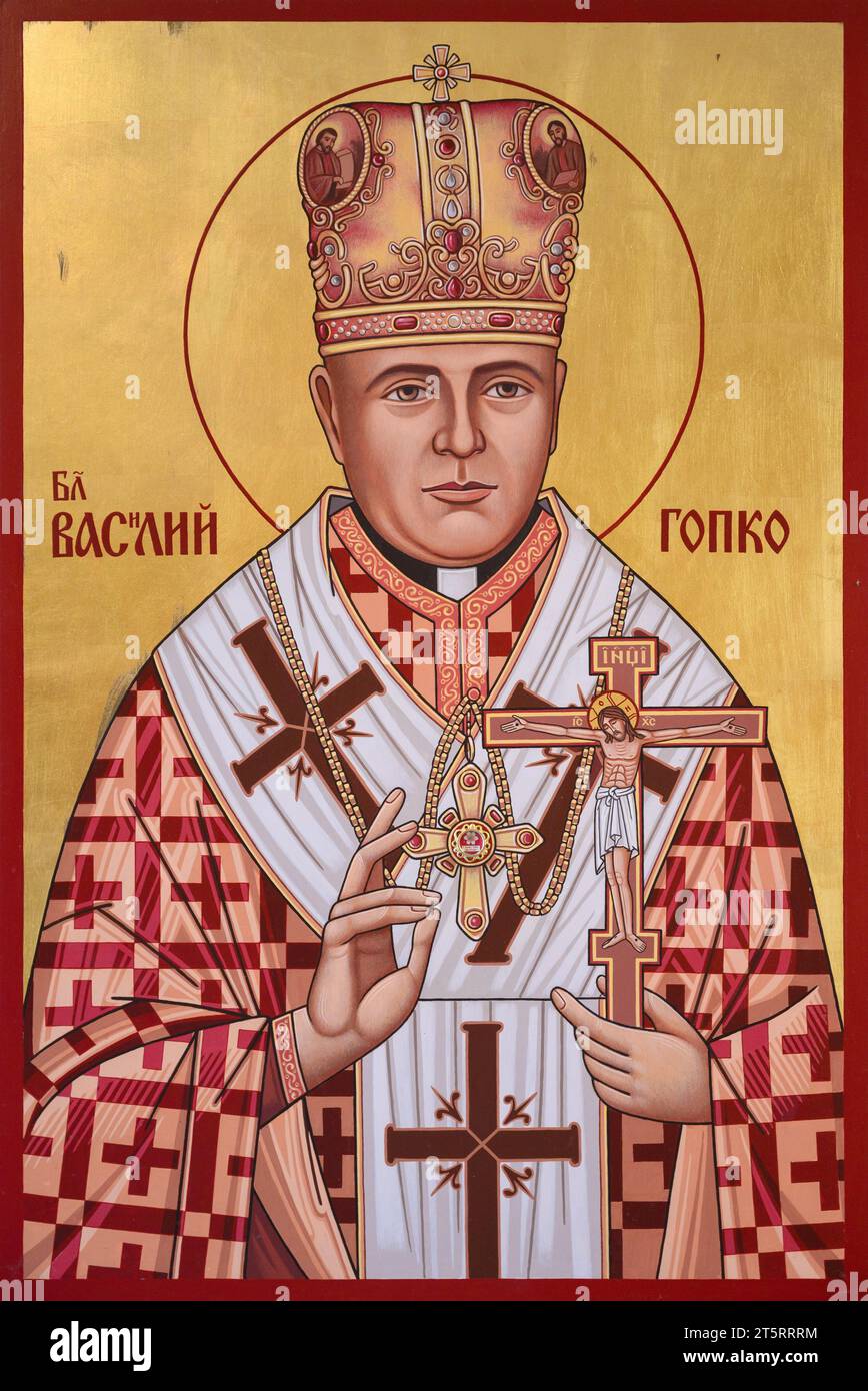 Icona del Beato Basilio Hopko (Vasiľ Hopko). Chiesa greco-cattolica della Santissima Eucaristia a Vranov nad Topľou, Slovacchia. Foto Stock