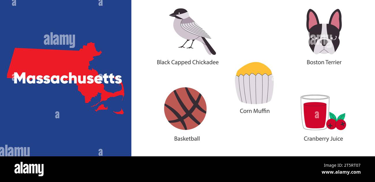 stati del Massachusetts con icona simbolo del succo di mirtillo rosso Boston terrier pallina di cesto di cesto di cesto con tappo nero muffin di mais Illustrazione Vettoriale